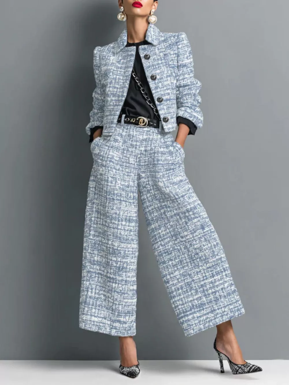 Tweed Cropped Jacket and Wide-Leg Pants Set, image 4