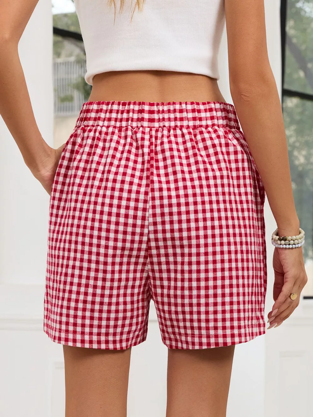 Gingham Elastic Waist Casual Shorts, image 21