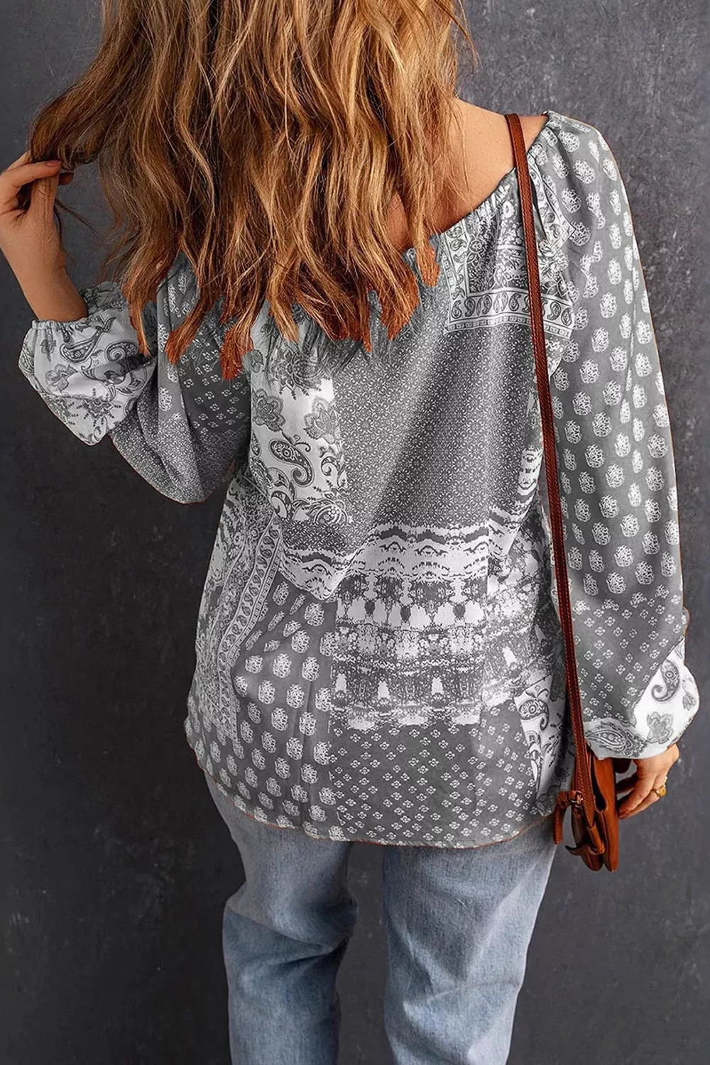 Full Size Paisley Print Tie-Neck Long Sleeve Blouse Plus Size, image 11