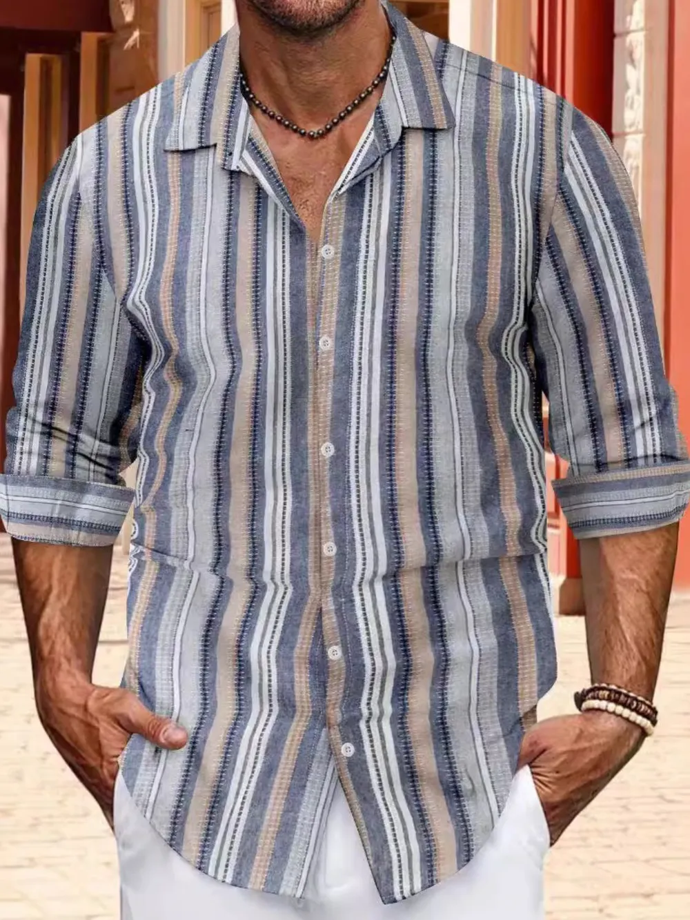 Men's Full Size Striped Button Up Long Sleeve Shirt Plus Size, image 5