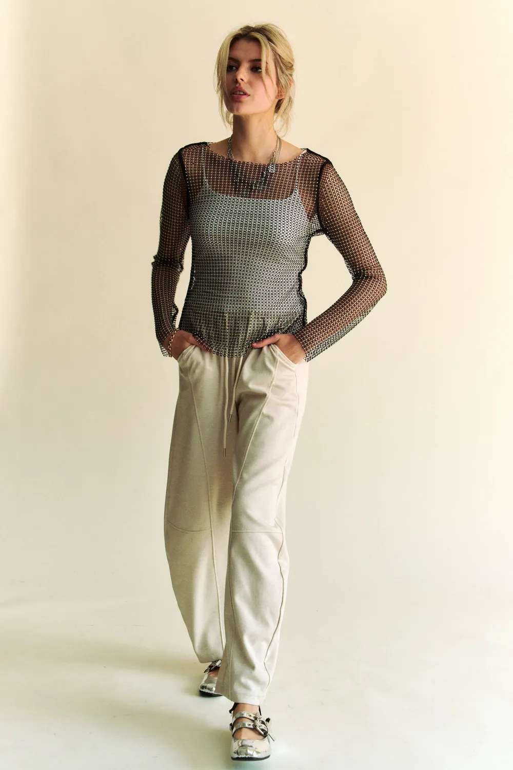Sparkling Rhinestone Sheer Mesh Round Neck Top, image 3