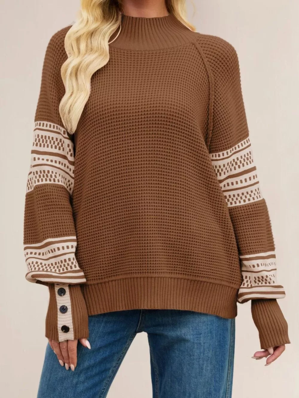 Color-Block Mock Neck Waffle Knit Sweater, image 4