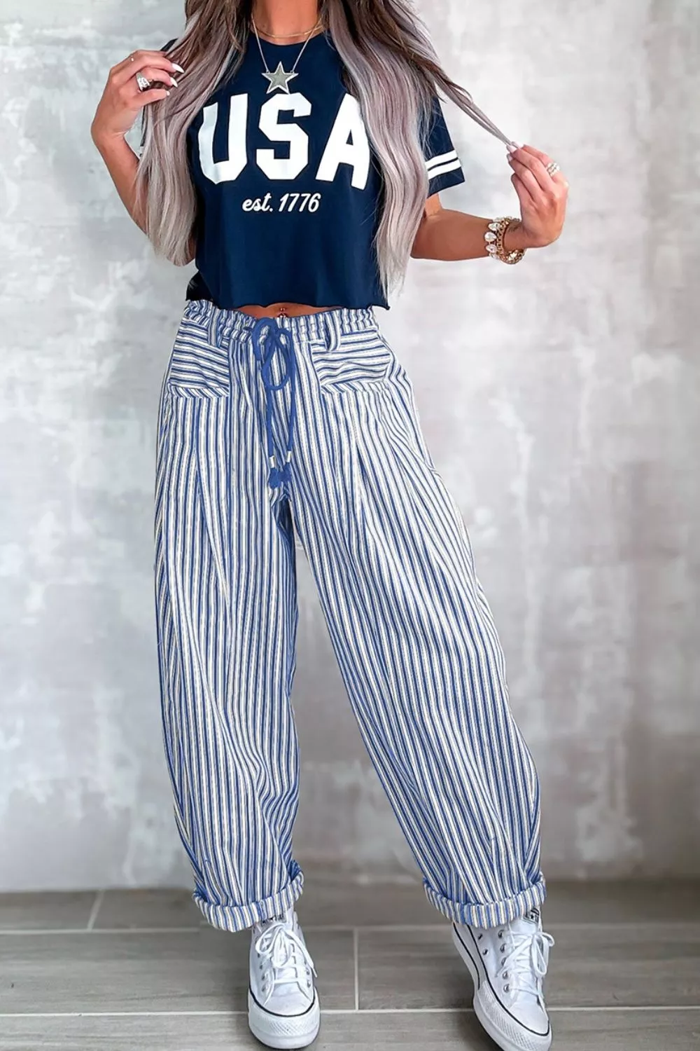 Stripe Drawstring Casual Loose Pants, image 17