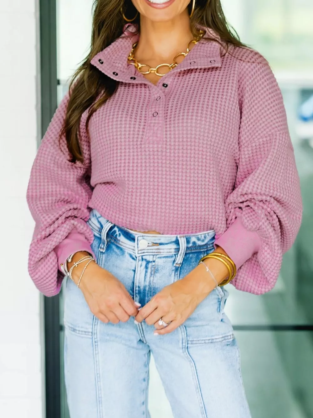 Textured Snap Button Collared Baggy Top, image 4