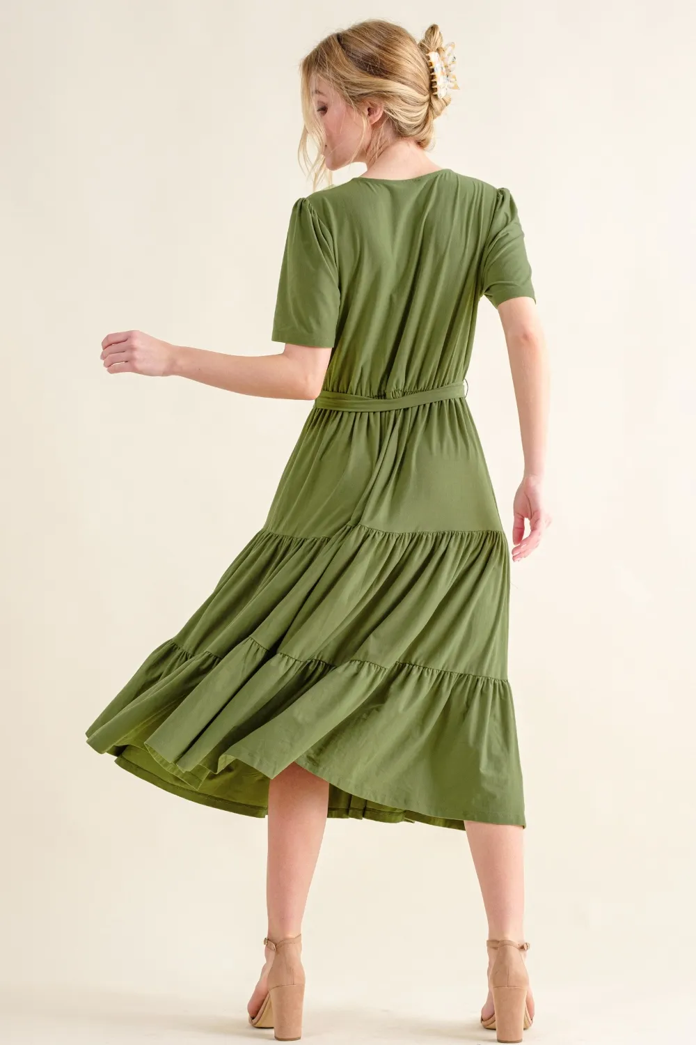 Soft Short Sleeve Tiered Midi Dress, image 2
