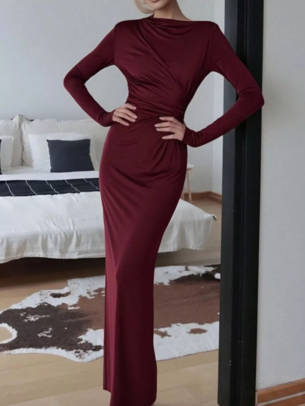 Ruched Long Sleeve Bodycon Maxi Dress, image 7