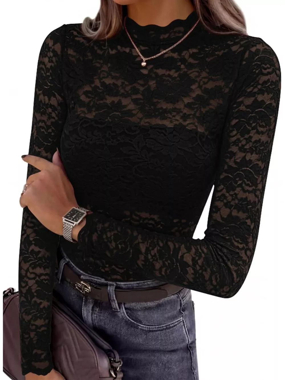 Lace Mock Neck Long Sleeve Top, image 6