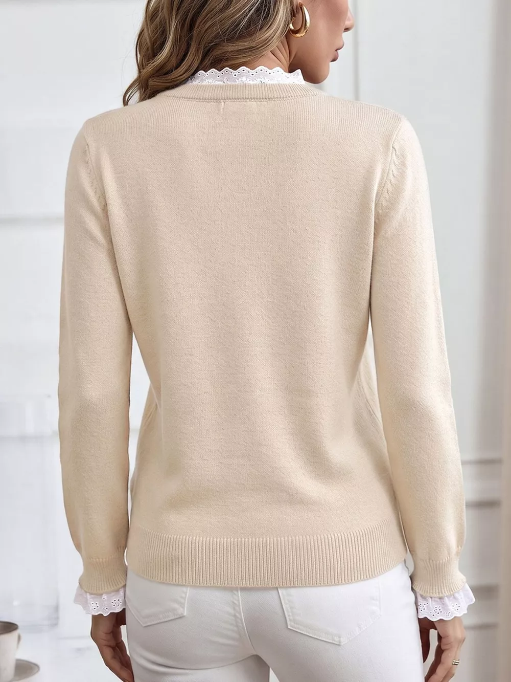 Elegant Lace Trim Round Neck Sweater, image 6