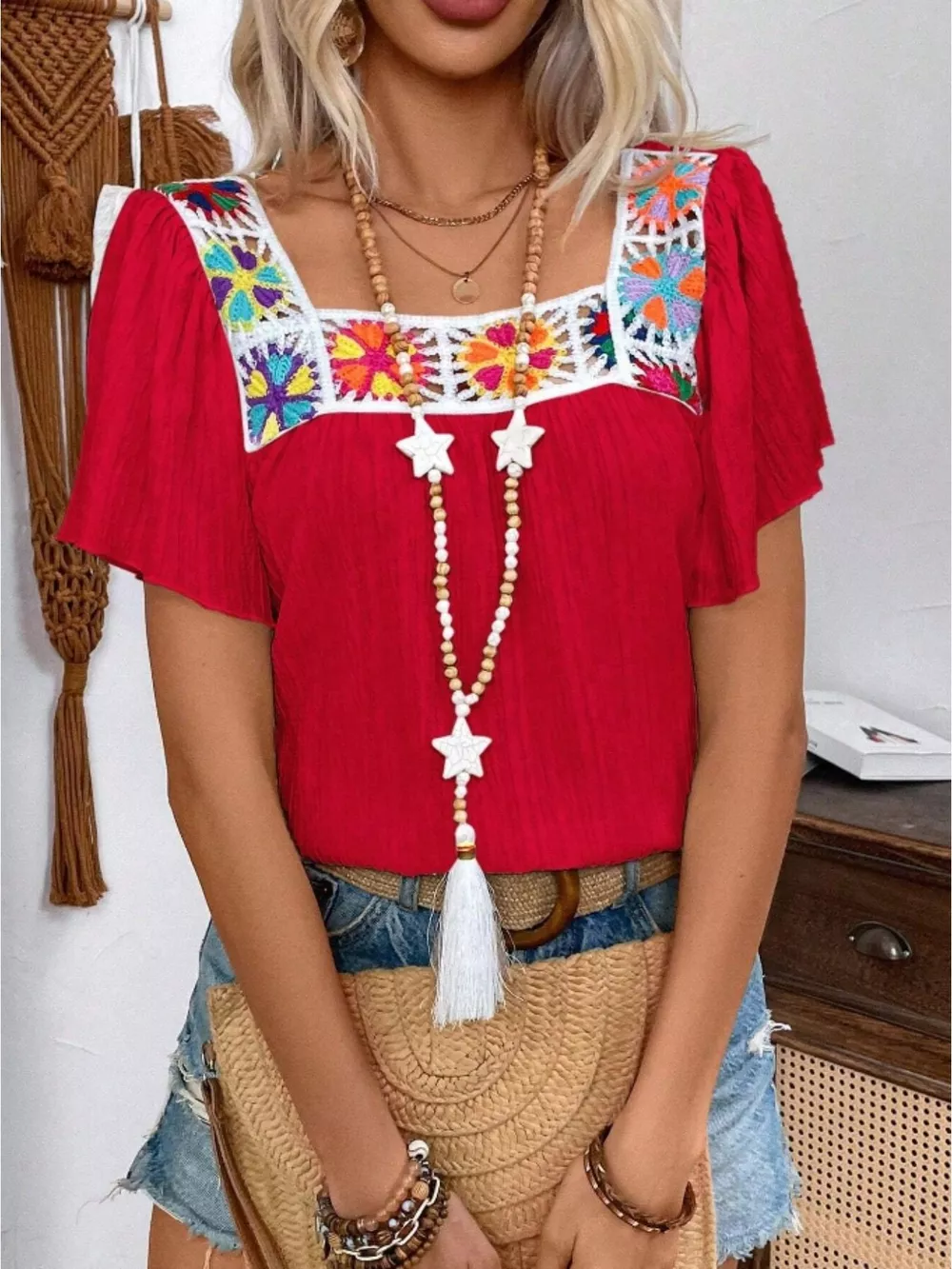 Embroidered Square Neck Flutter Sleeve Blouse, image 3