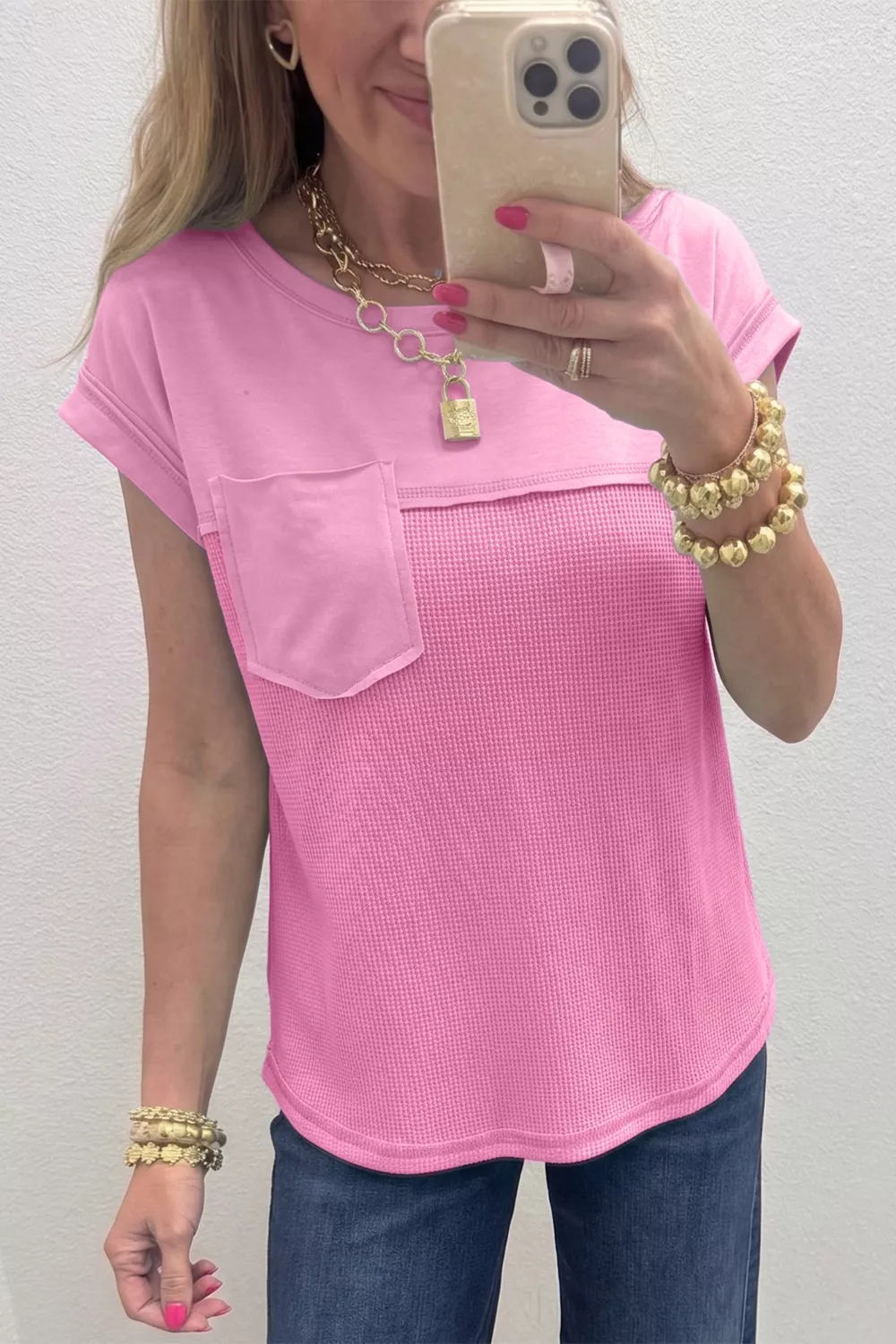 Solid Color Raw Seam Waffled Patchwork Casual T Shirt, image 2