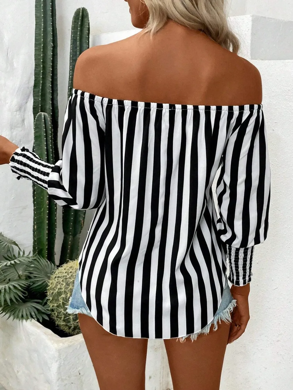 Striped Off-Shoulder Long Sleeve Blouse, image 4