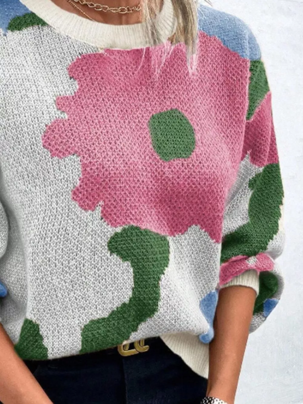 Floral Pattern Round Neck Sweater, image 23