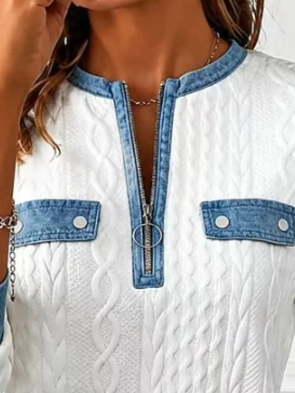 Full Size Denim Contrast Trim Quarter Zip Texture Sweatshirt Plus Size, image 6