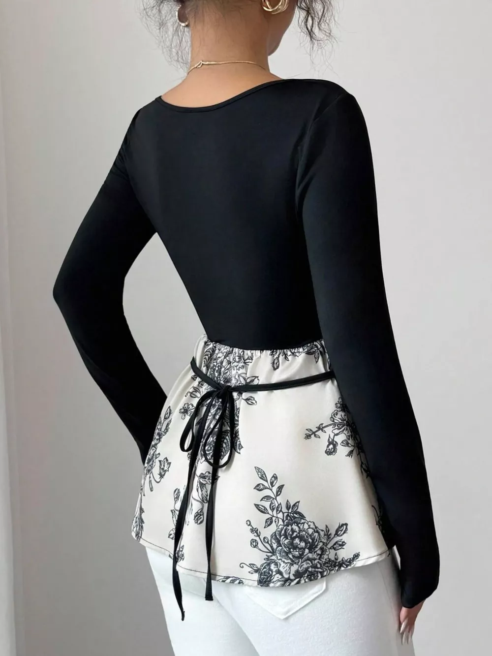 Floral Print Peplum Hem Long Sleeve Top, image 7