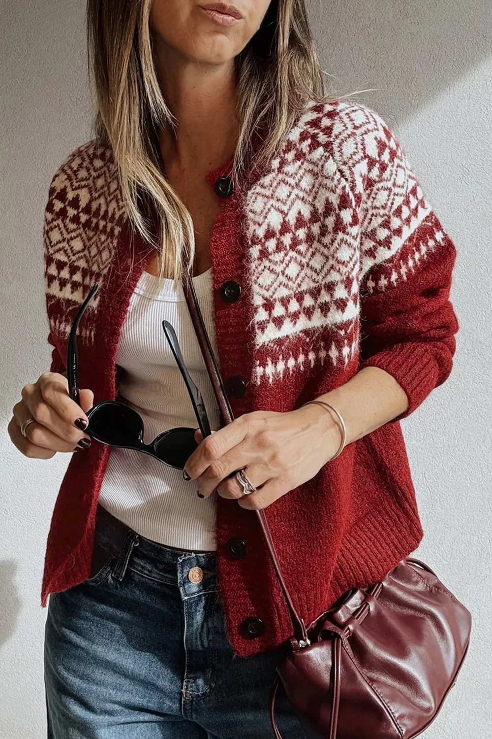 Geometric Print Button Front Long Sleeve Knitwear Cardigan, image 4