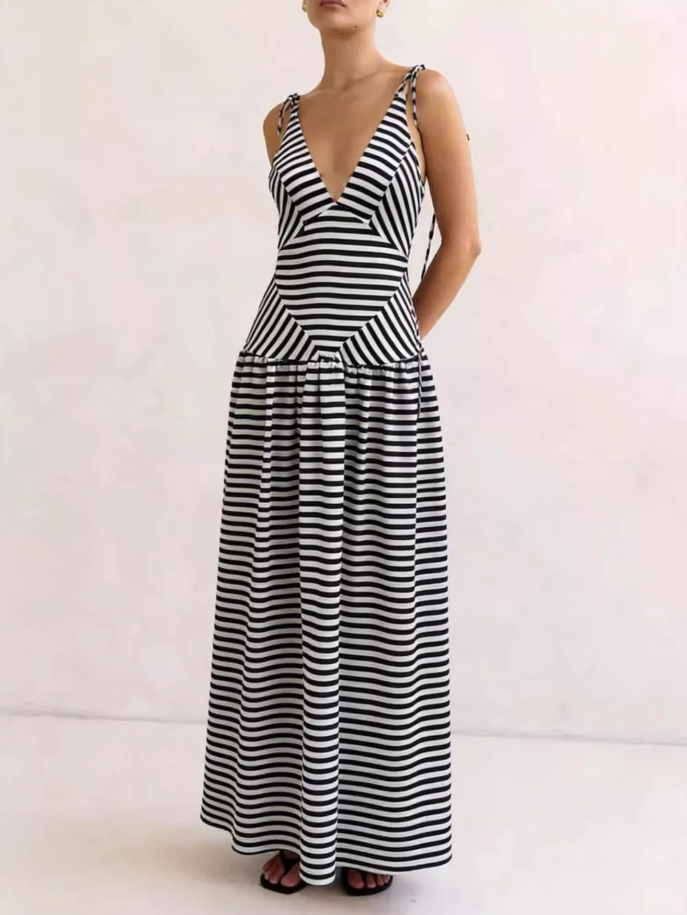 Striped V-Neck Tie-Shoulder Maxi Dress, image 2