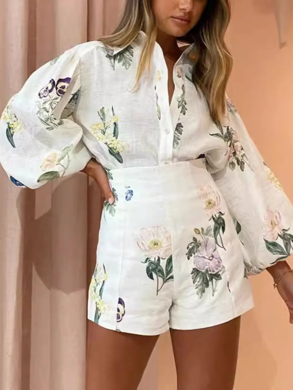Printed Balloon Sleeve Top and Shorts Set
