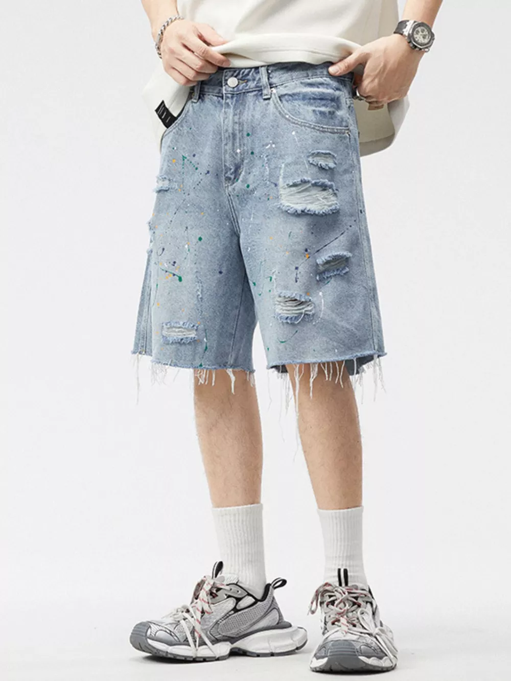 Men's Distressed Paint Splatter Denim Shorts, image 5