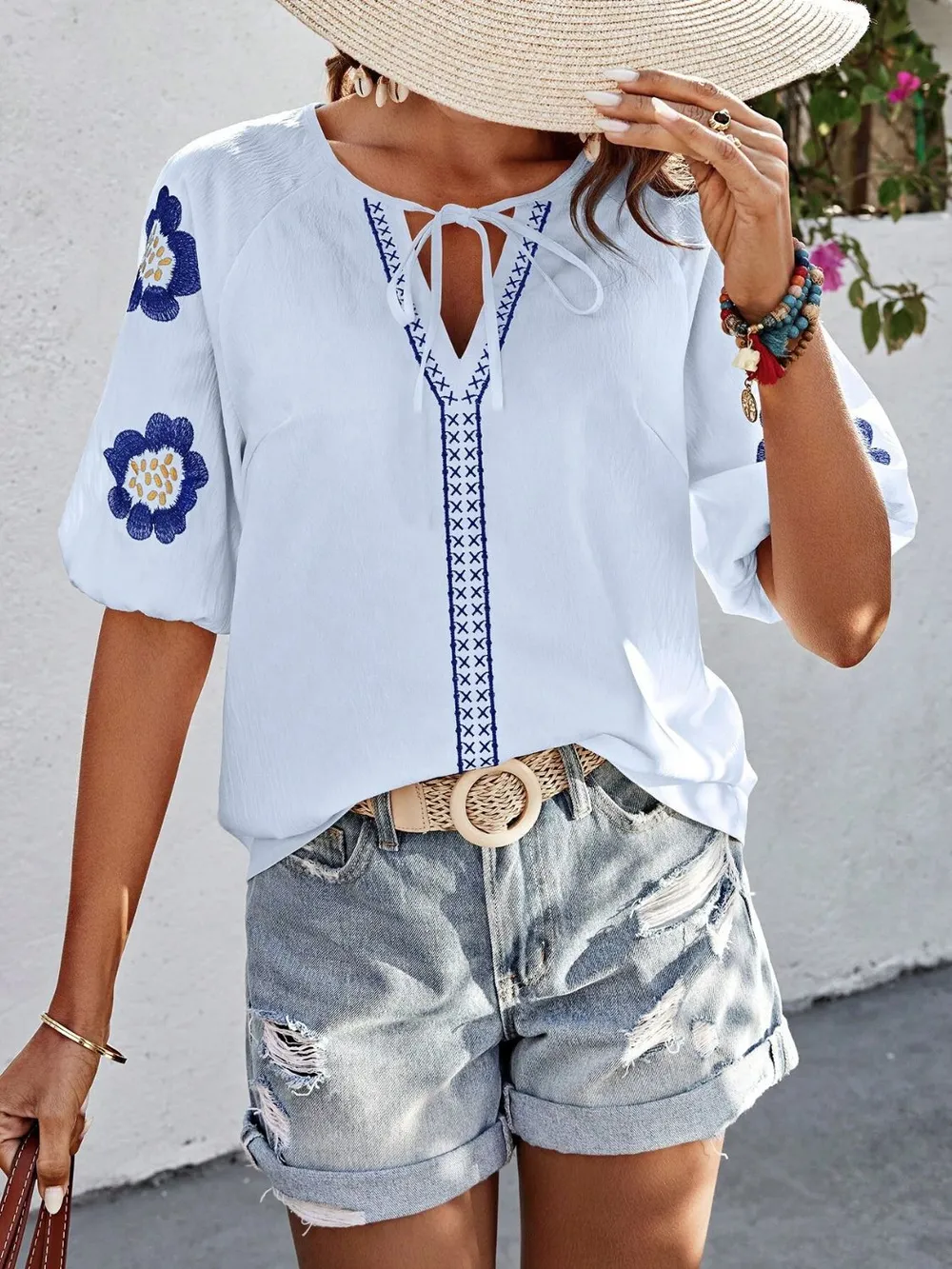 Embroidered Tie Neck Puff Sleeve Blouse, image 11