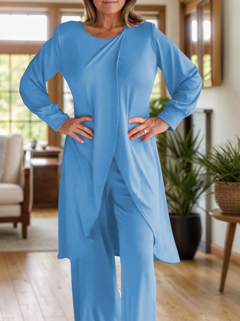 Full Size Slit Round Neck Long Sleeve Top and Pants Set, image 16