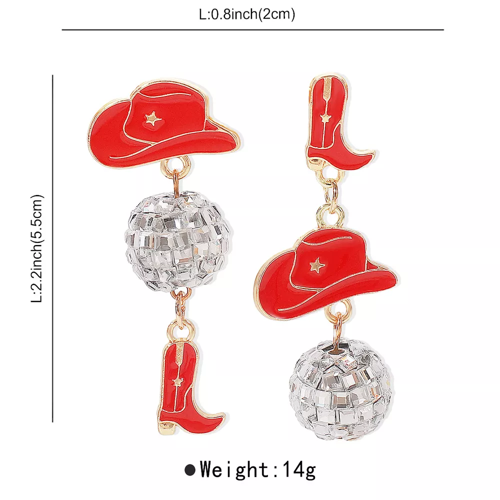 Asymmetrical Cowgirl Boot Hat Ball Dangle Earrings, image 8