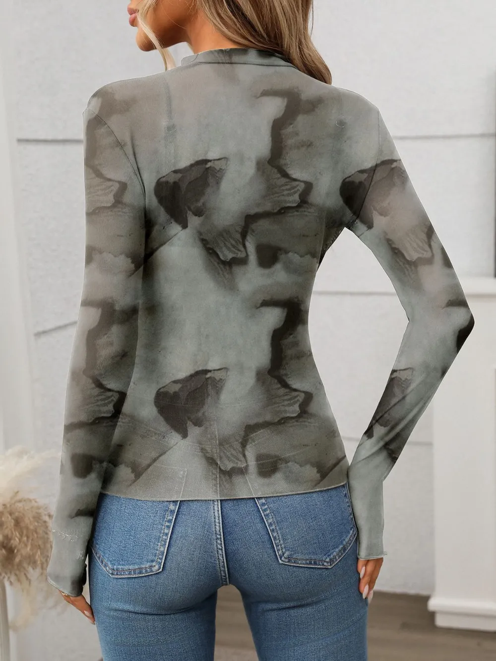 Printed Mock Neck Long Sleeve Mesh T-Shirt, image 6