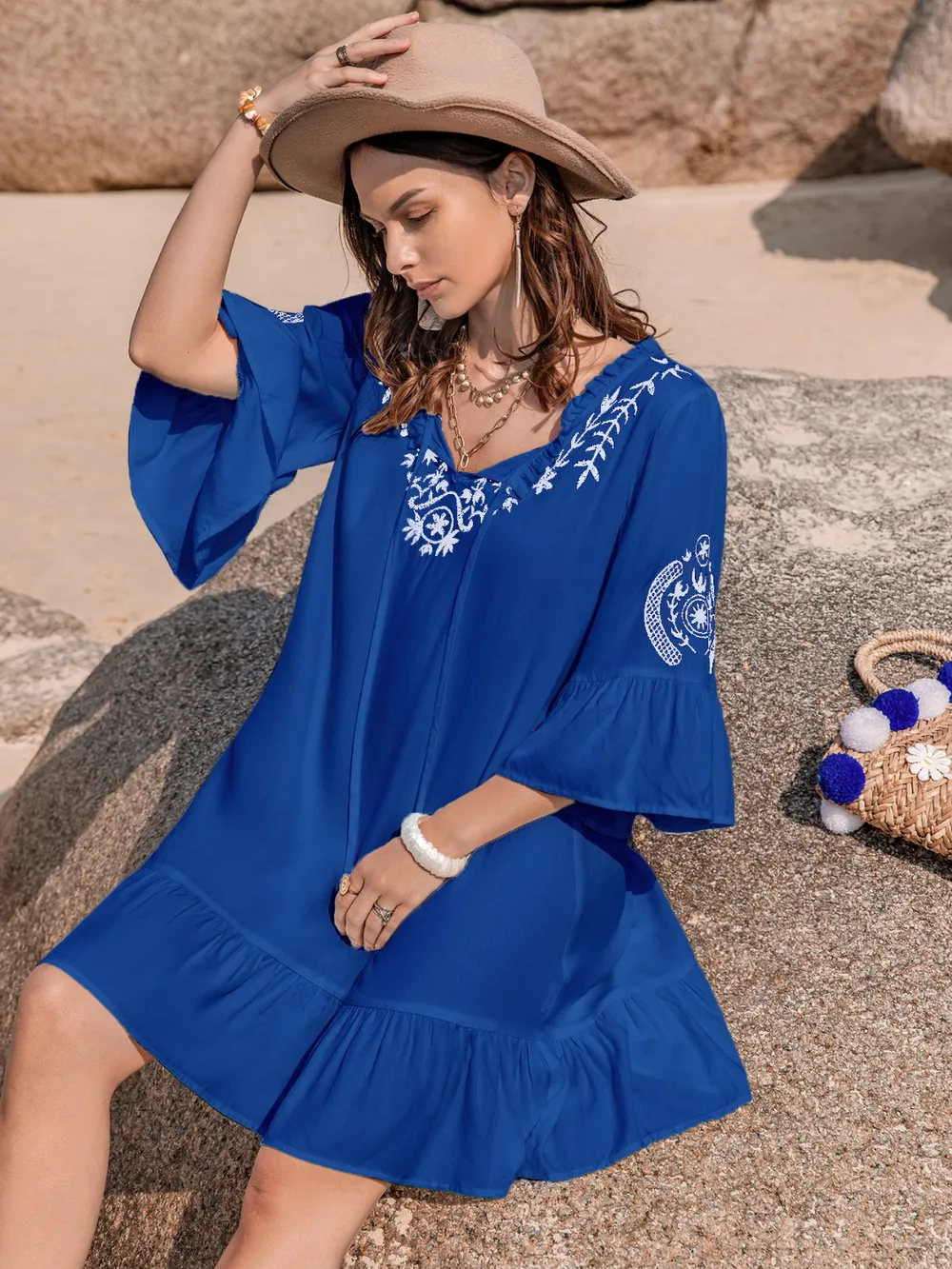 Printed Tie Neck Flounce Sleeve Mini Dress, image 16