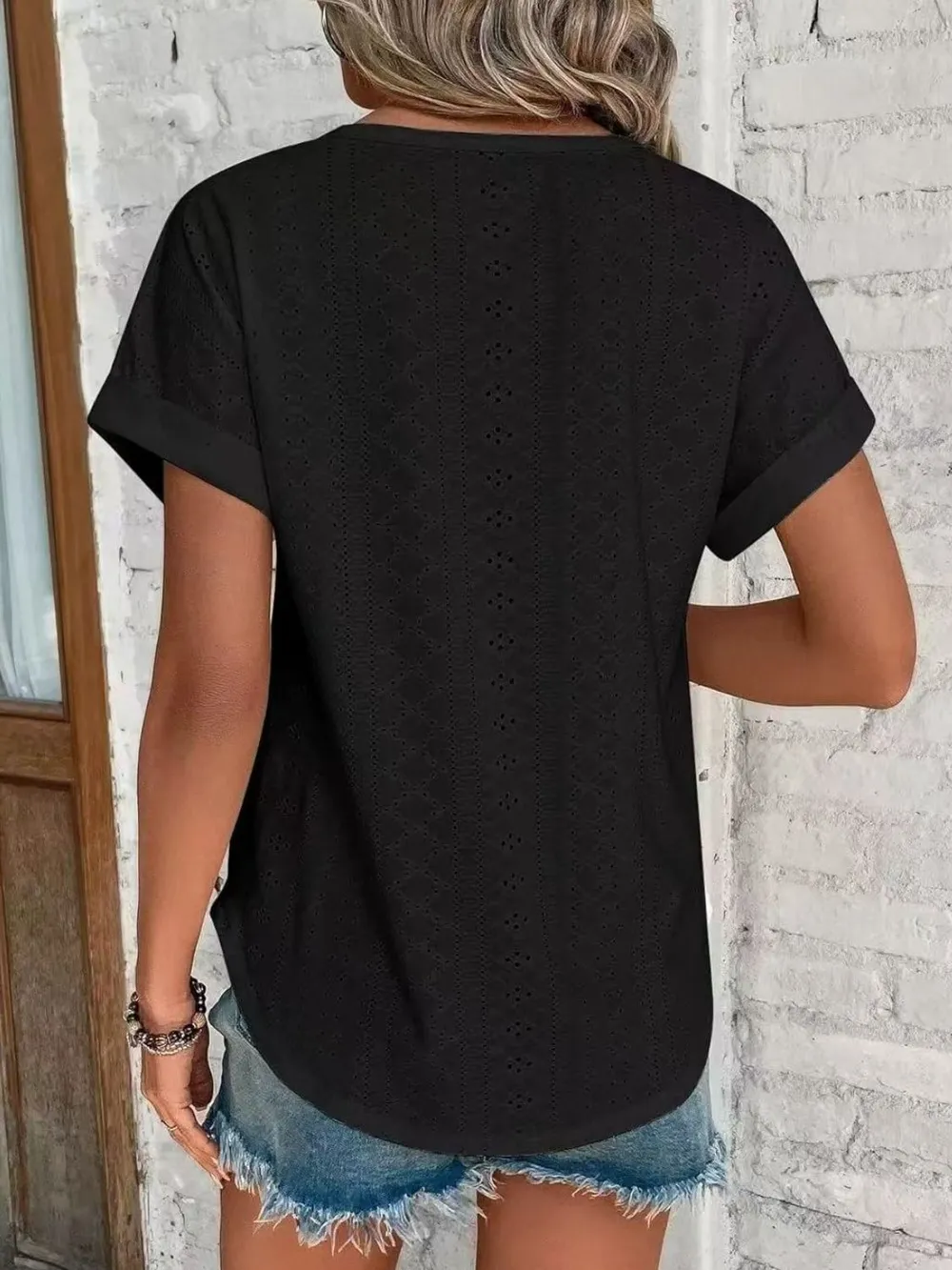 Eyelet Round Neck Short Sleeve T-Shirt, image 13
