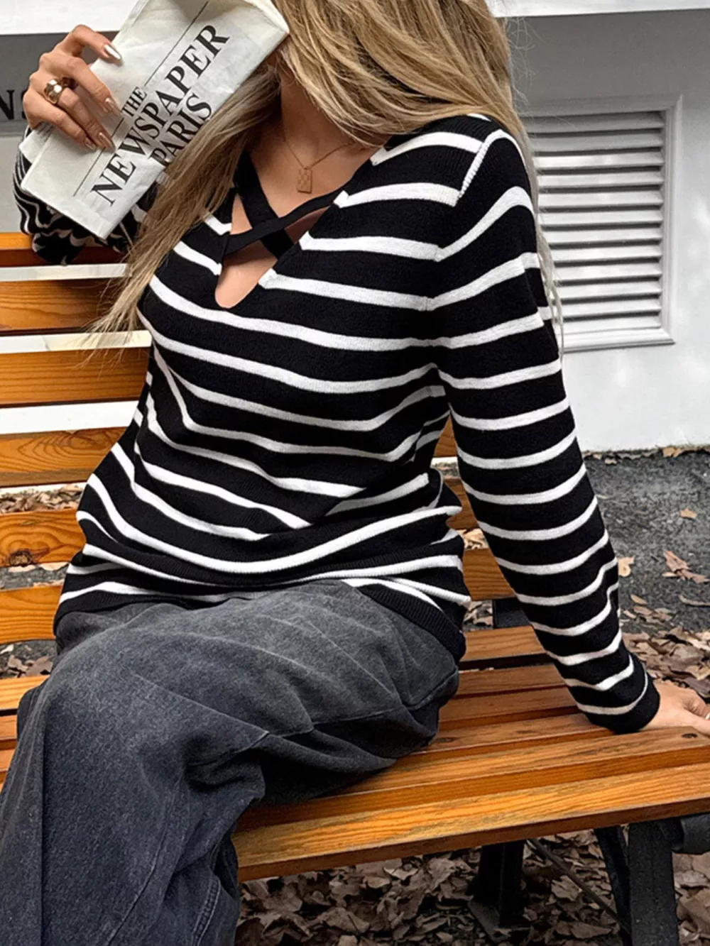 Striped Cross Front Long Sleeve Knit Top, image 4