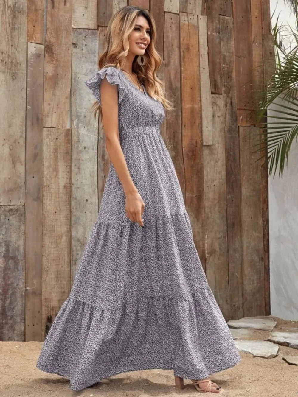 Printed V-Neck Ruffled Cap Sleeve Maxi Dress, image 12