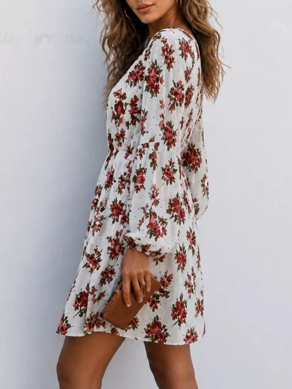Floral Print V-Neck Long Sleeve Mini Dress, image 3