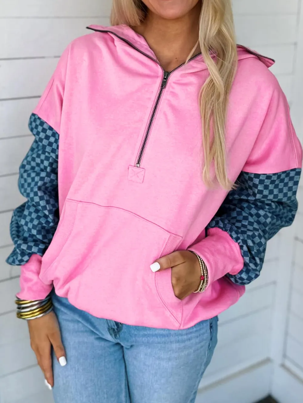 Half Zip Checkered Sleeve Hoodie, image 4