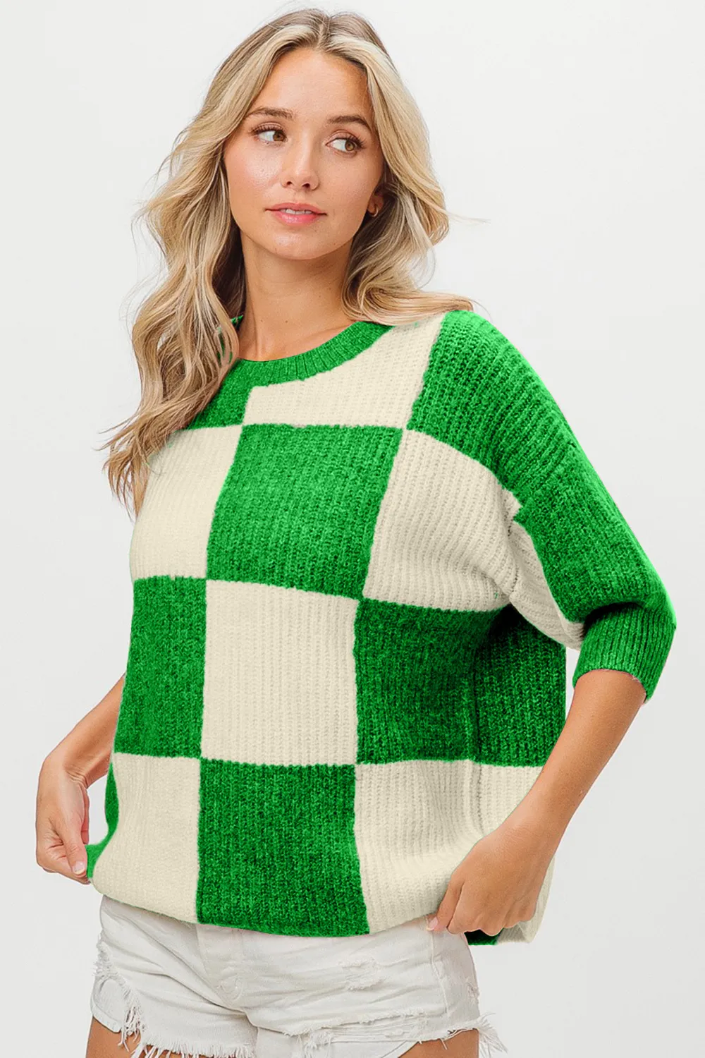 Checkered Contrast Round Neck Sweater, image 3