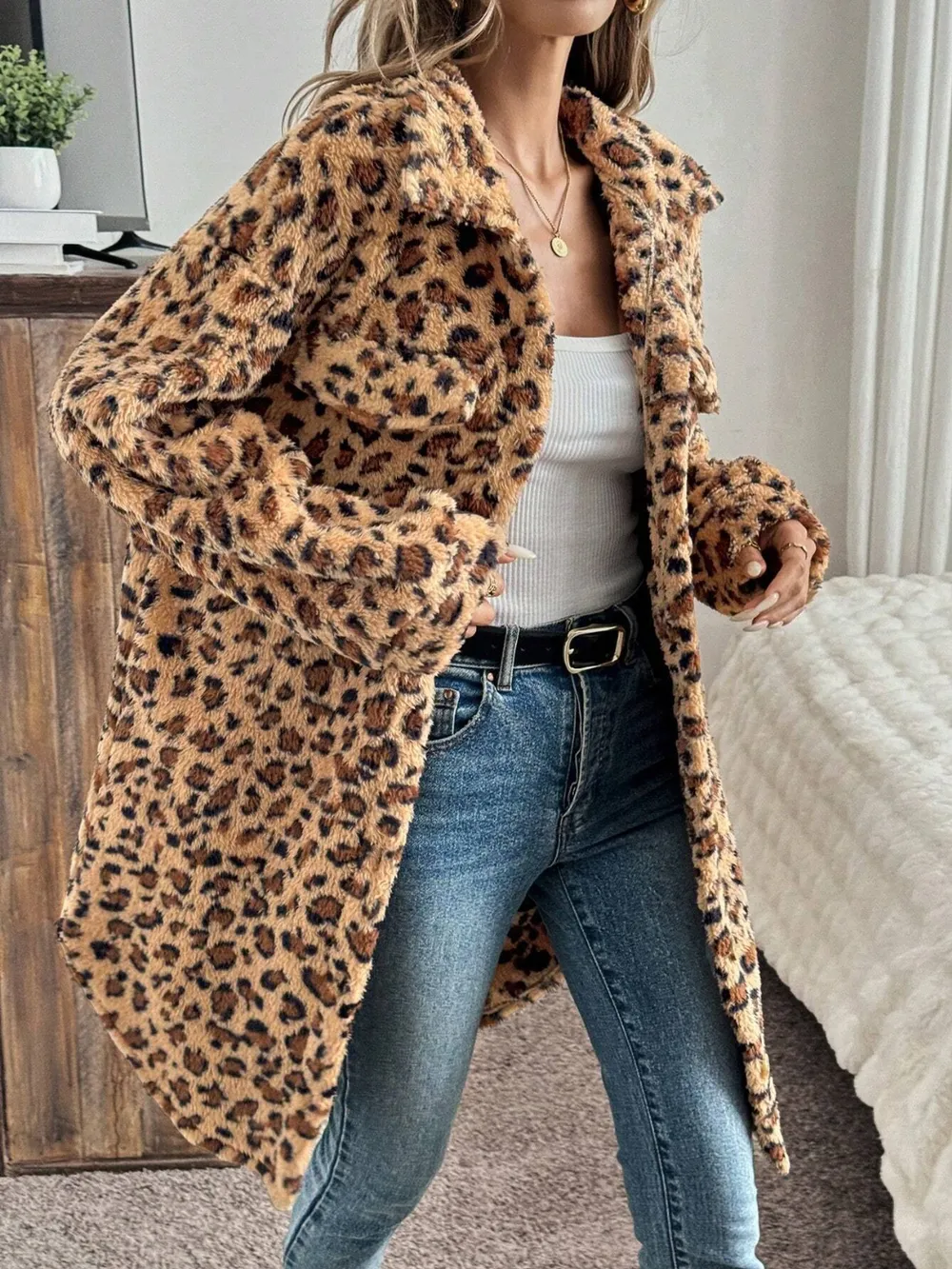 Leopard Button Up Long Sleeve Fuzzy Coat, image 3