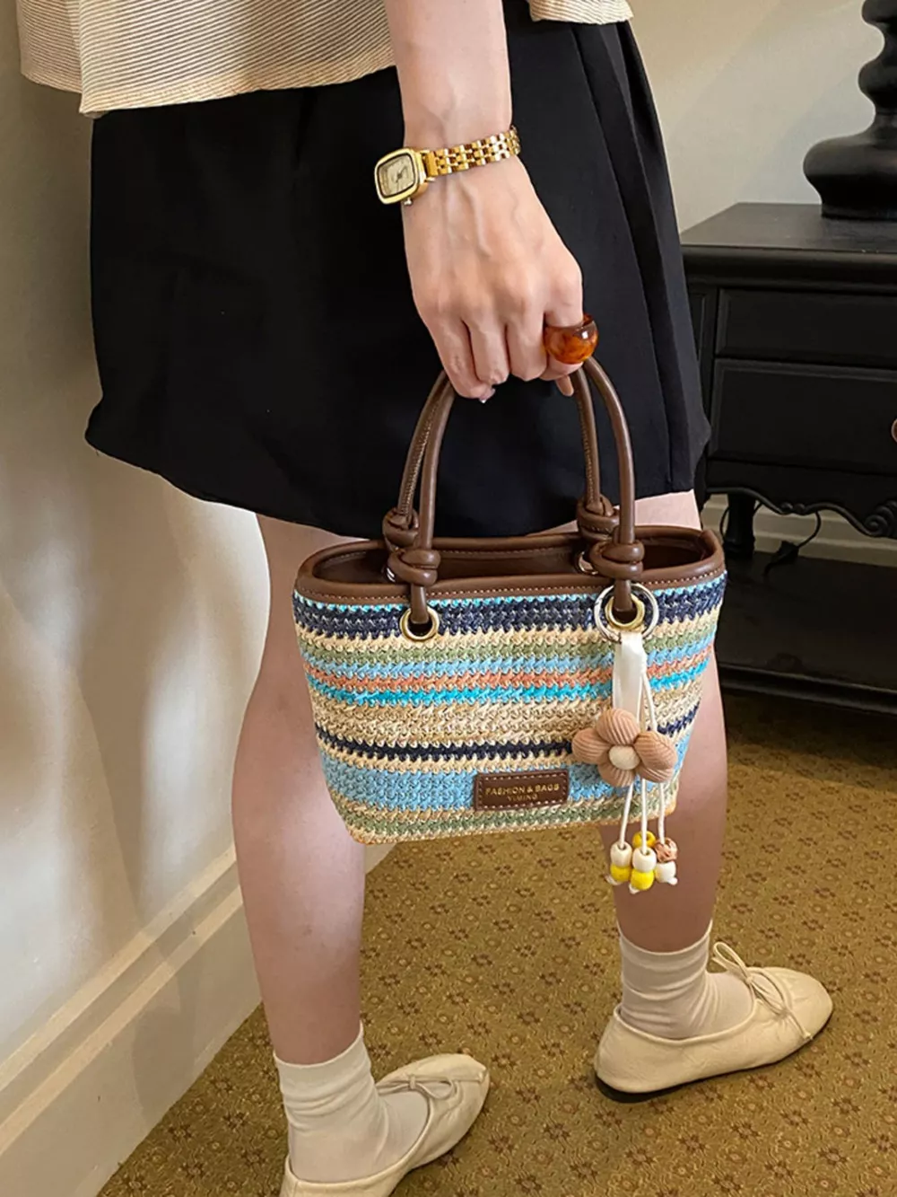 Striped Woven Handbag, image 6
