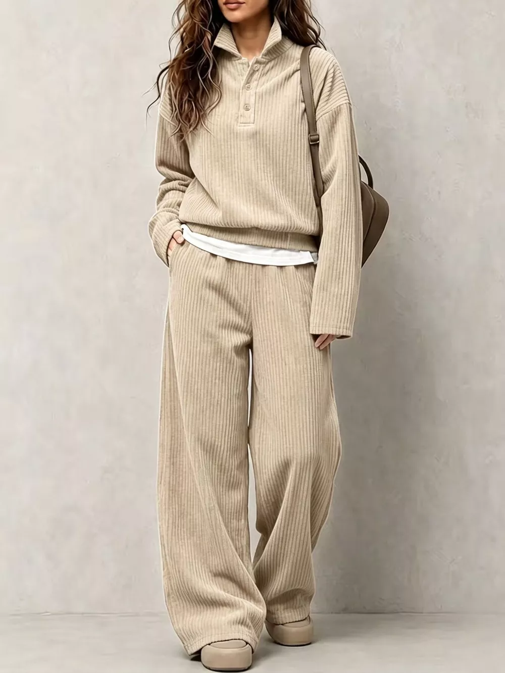 Corduroy Button Detail Top and Wide-Leg Pants Set, image 10