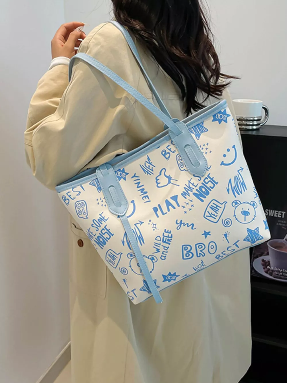 Graffiti Print Casual Tote Bag, image 15