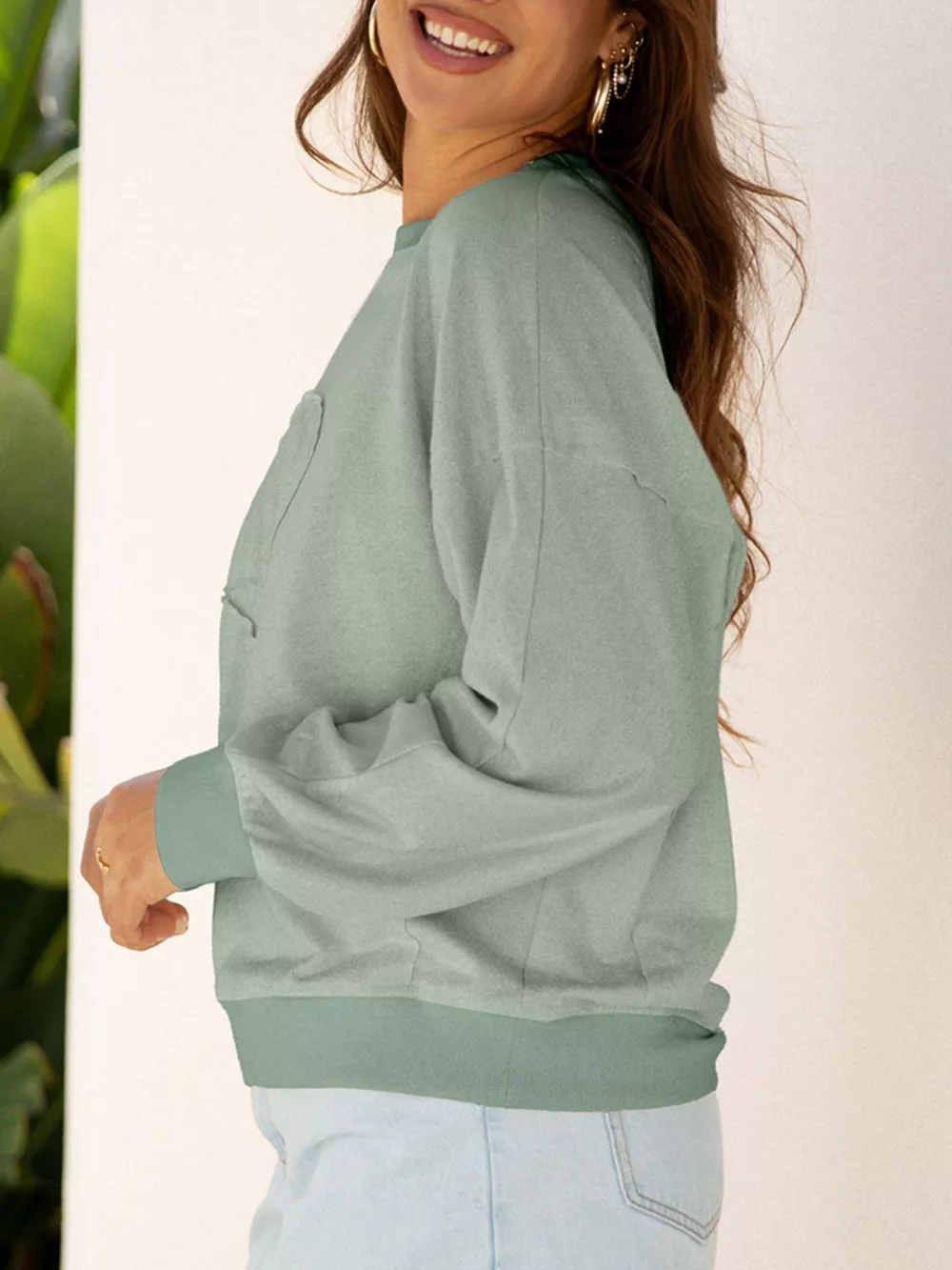 Raw Edge Flower Patch Drop Shoulder Casual Top, image 12