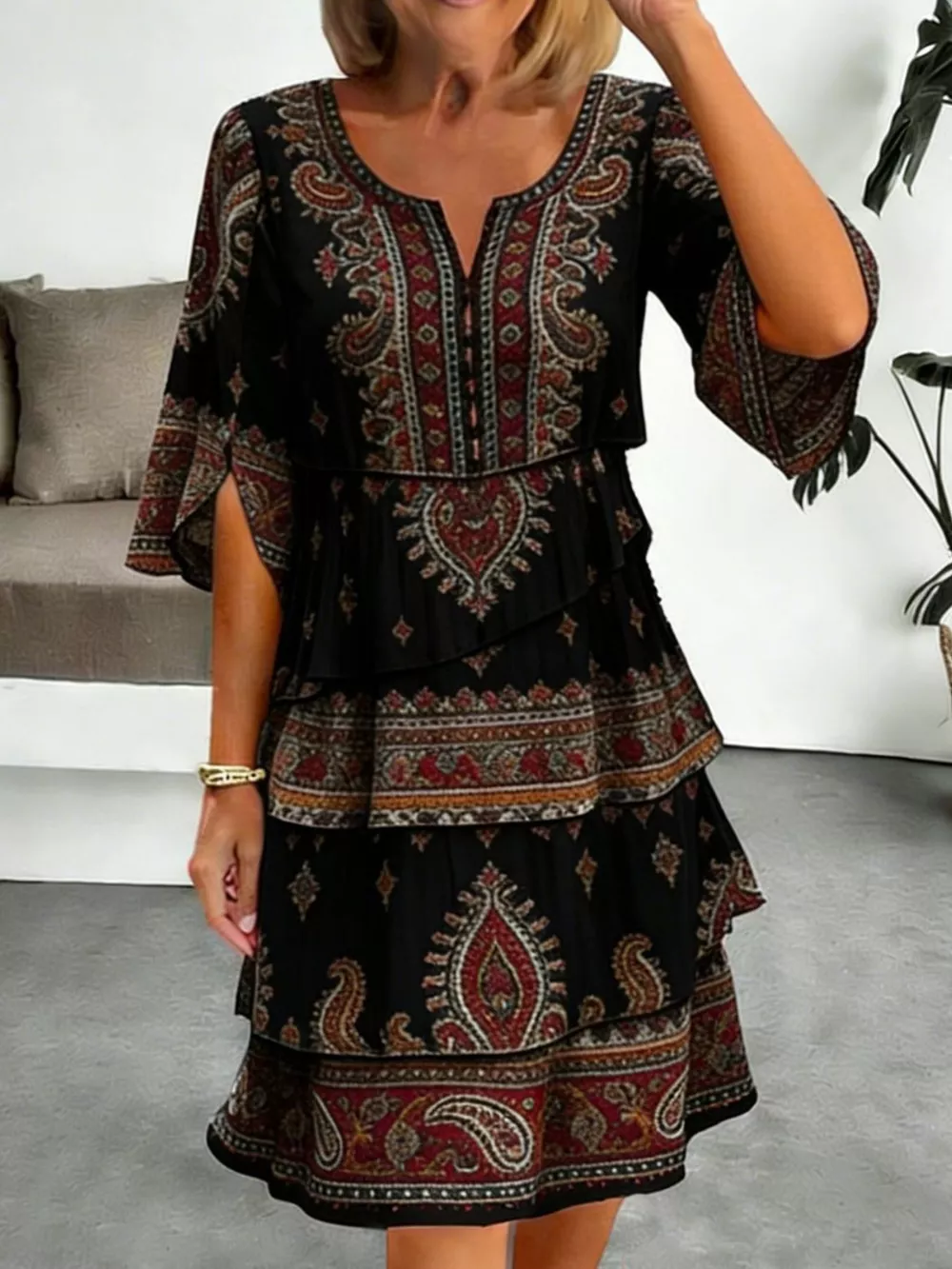 Full Size Paisley Print Layered Ruffle Mini Dress Plus Size, image 5