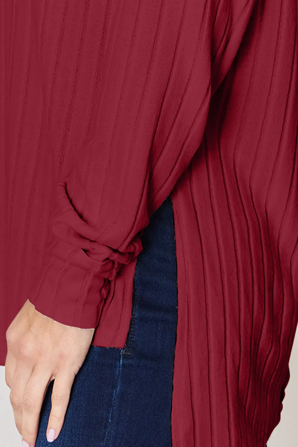 Full Size Ribbed Round Neck Slit T-Shirt, image 30
