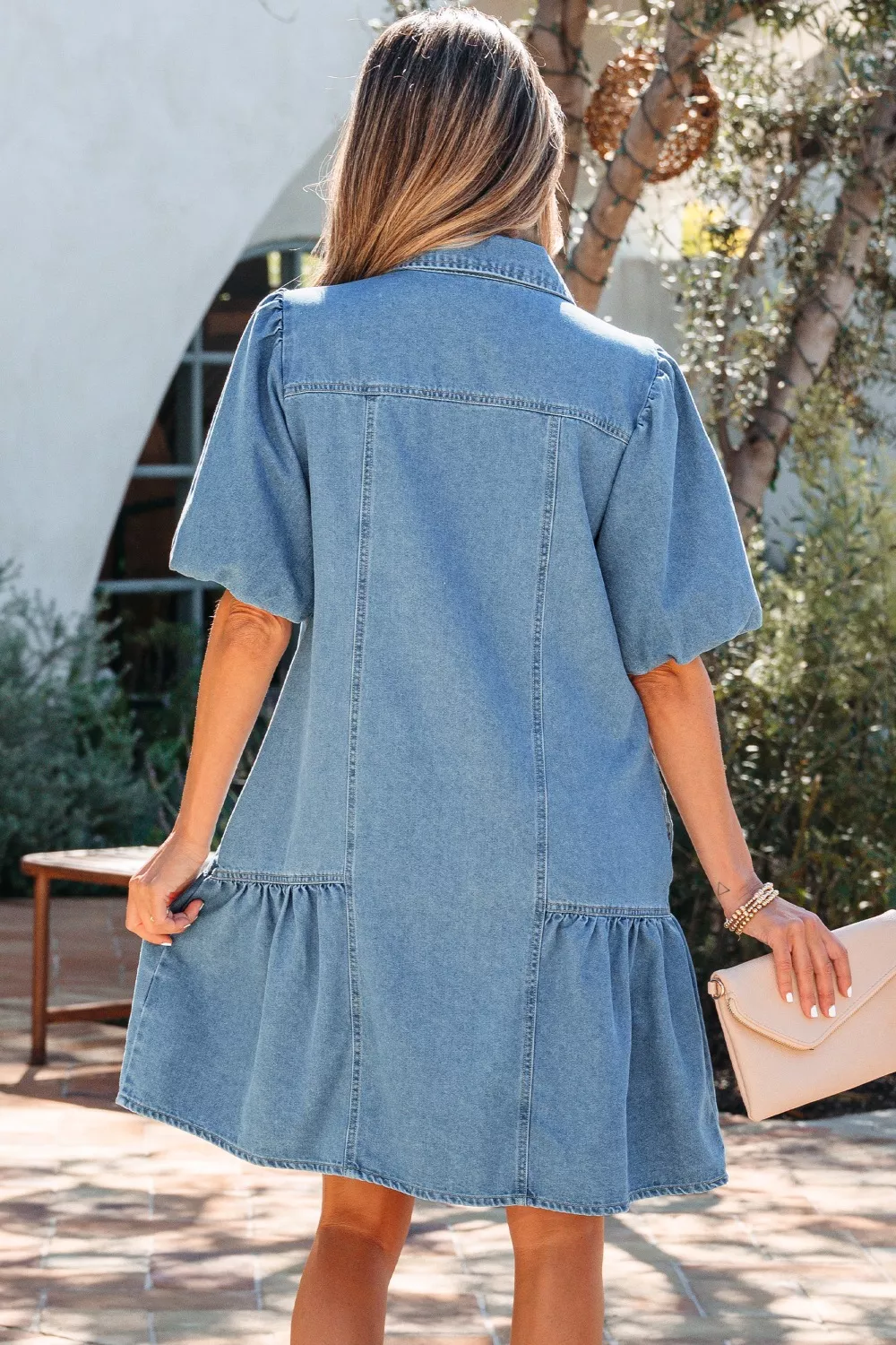 Button Down Short Puff Sleeve Ruffle Hem Denim Dress, image 3