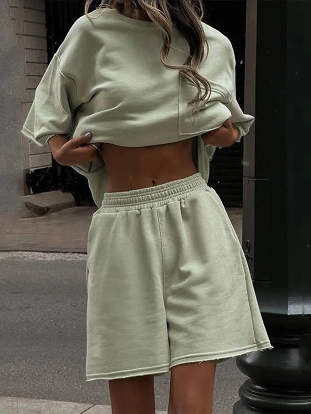 Pocketed Round Neck Half Sleeve Top and Shorts Set, image 5