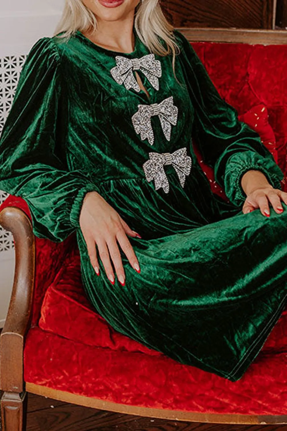 Velvet Bow Front Balloon Sleeve Dress, image 7