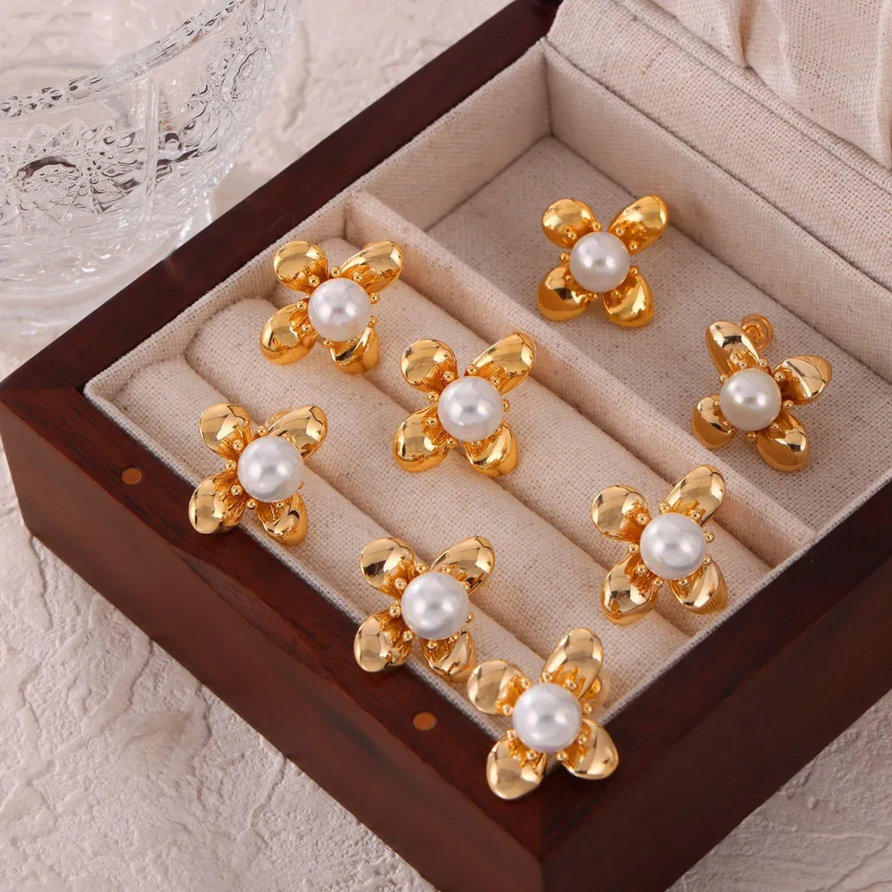 Synthetic Pearl Titanium Steel Flower Earrings, image 6