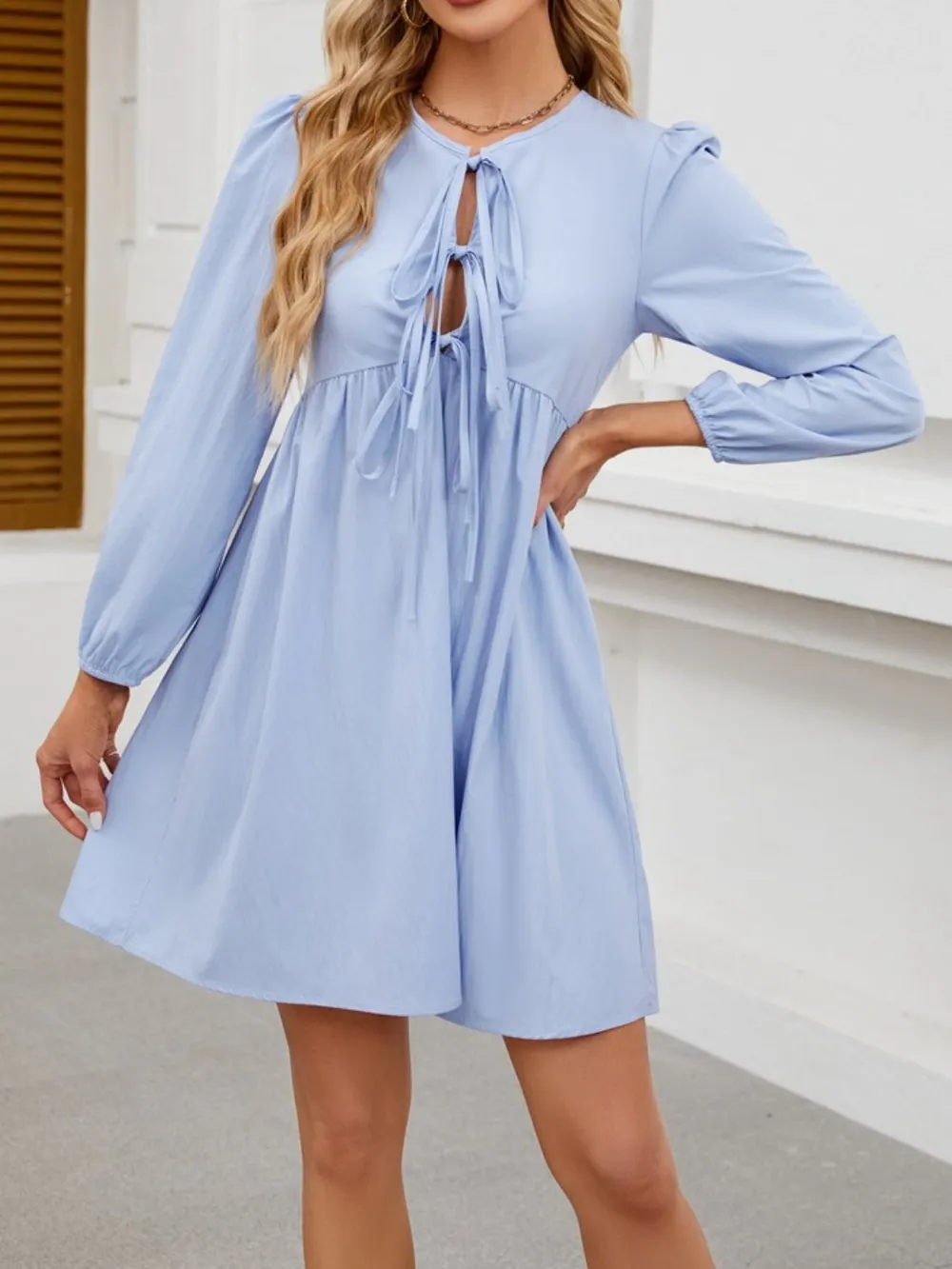 Tie Front Long Sleeve Mini Dress, image 3