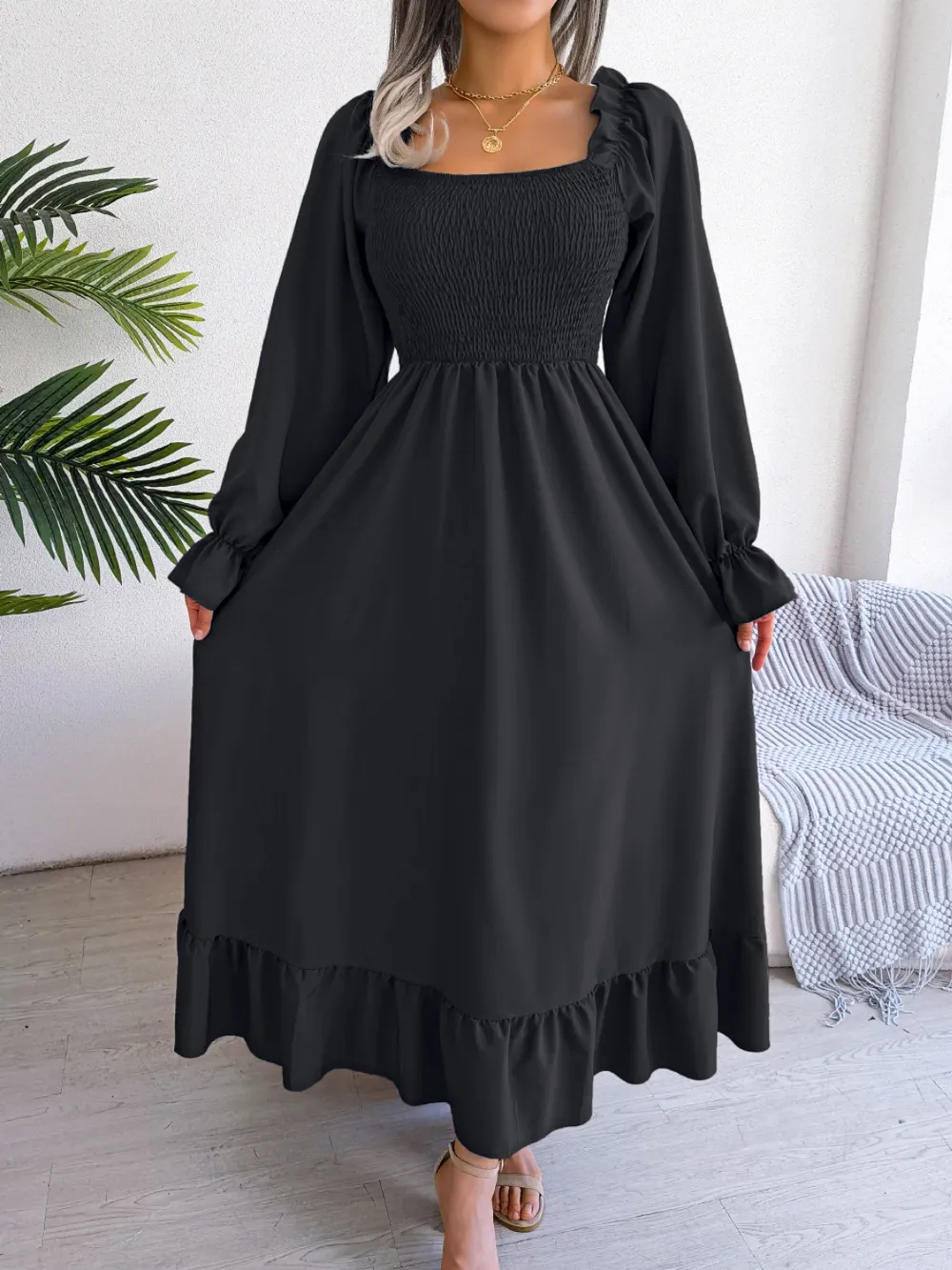 Smocked Square Neck Flounce Sleeve Dress, image 24