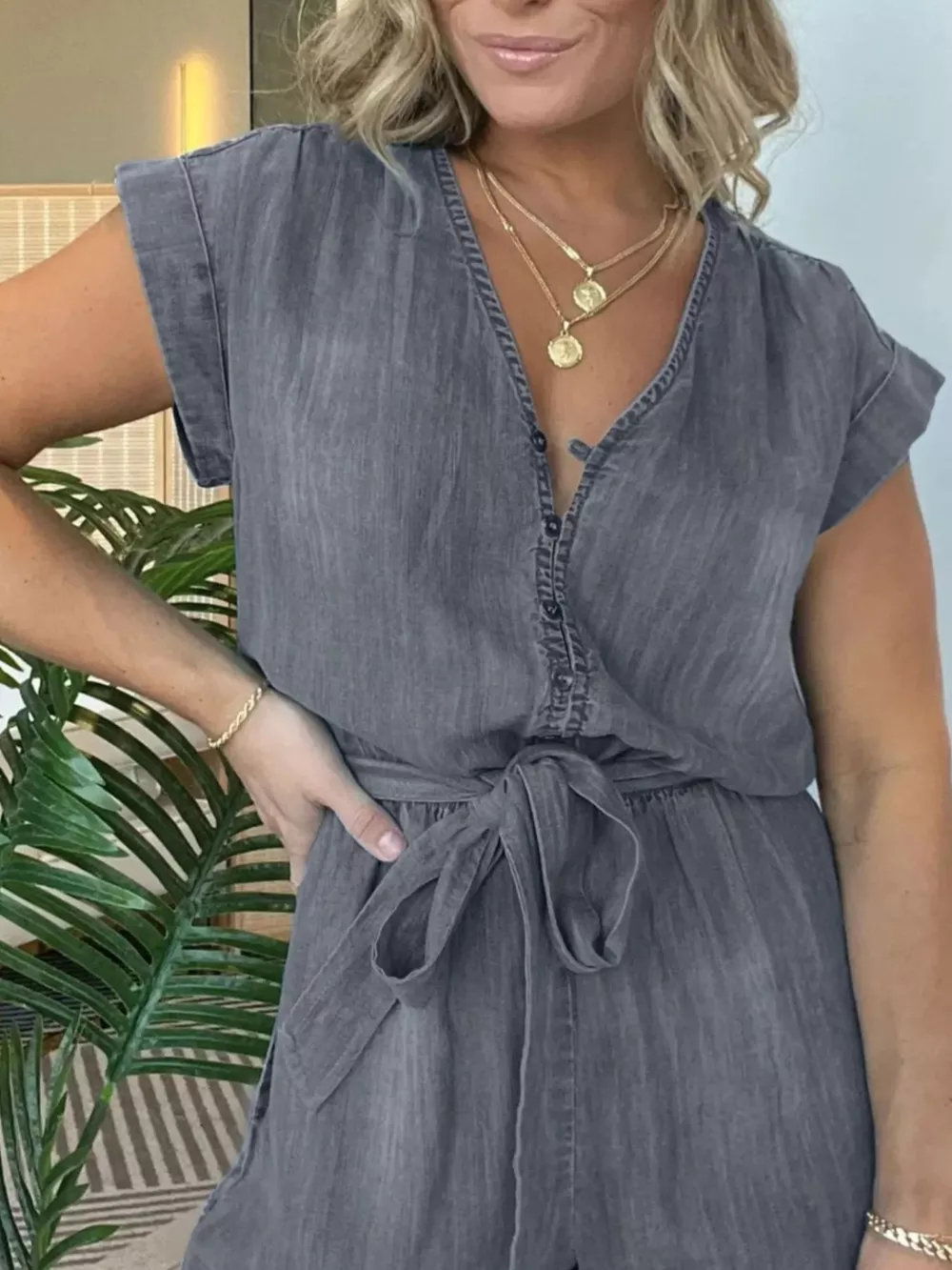 Full Size Tie Waist Cap Sleeve Romper Plus Size, image 12