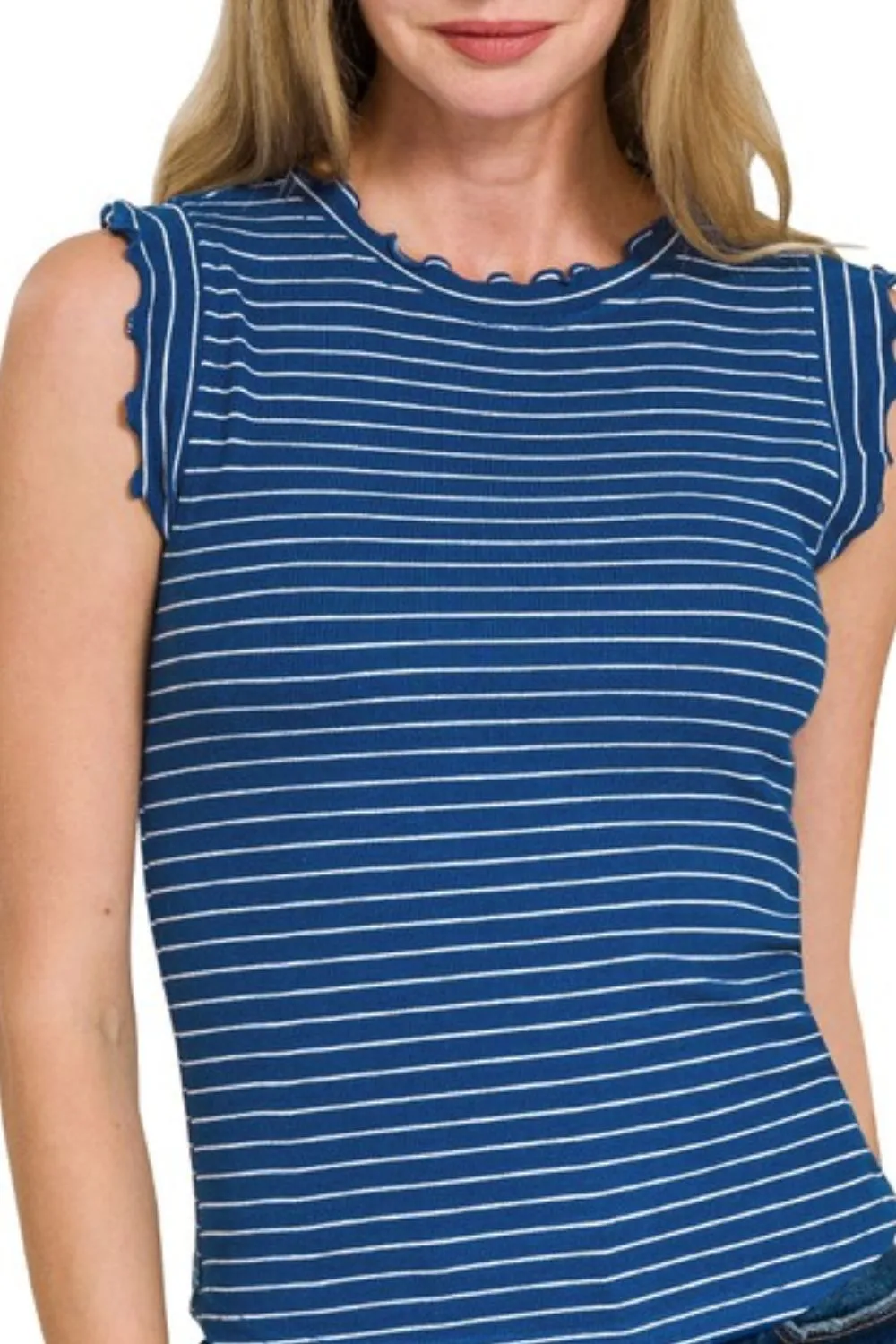 Ribbed Ruffle Trim Sleeveless Stripe Top, image 3