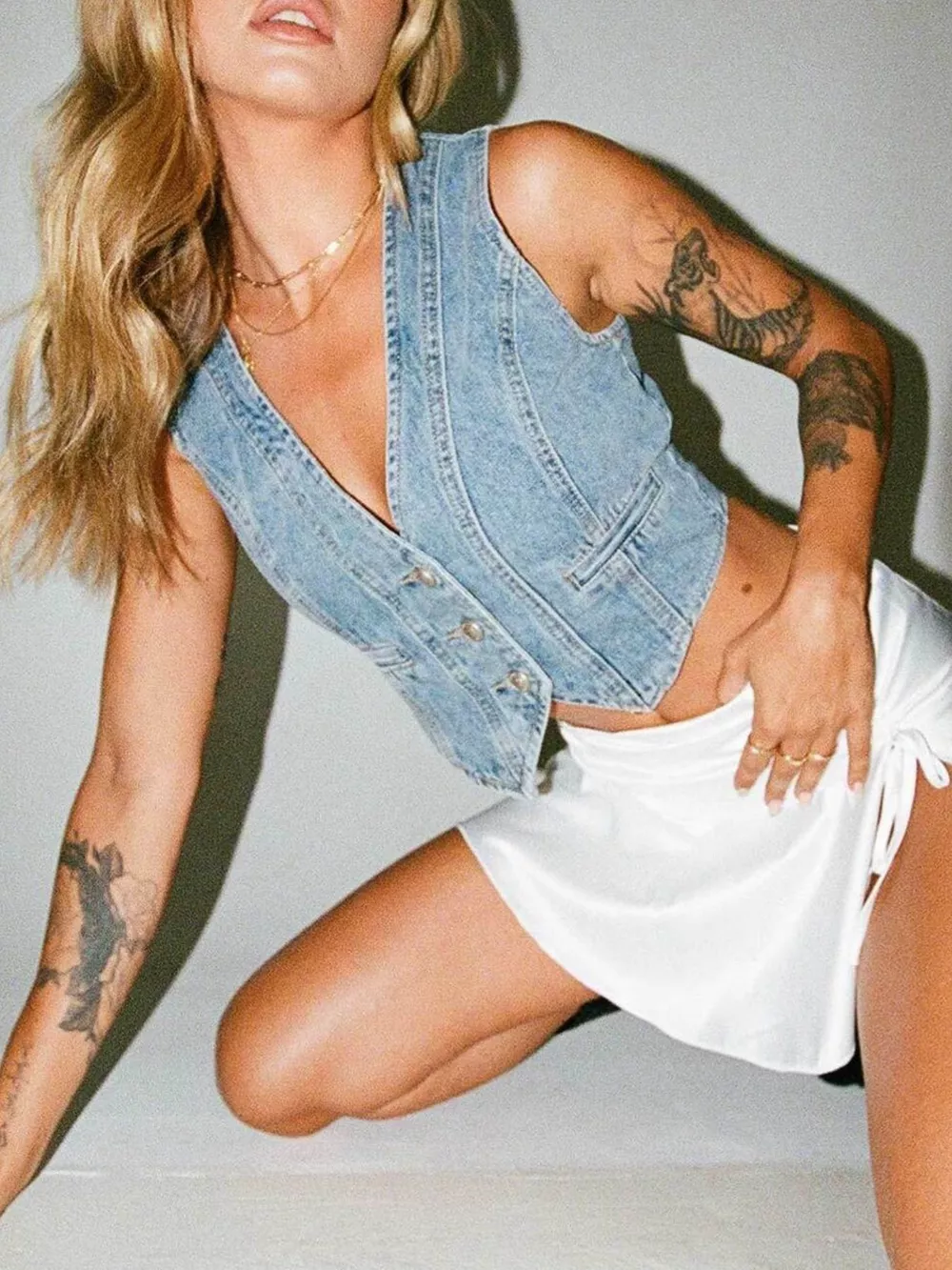 V-Neck Button Up Denim Vest, image 4