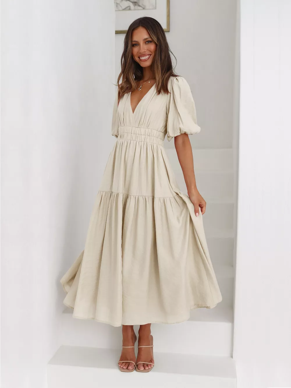 Tiered Puff Sleeve Midi Dress